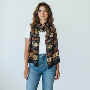 Vtg Echo 100% Silk Scarf Geometric Aztec Tribal Print Brown Red Black 26"x10.5"